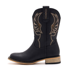 Kids' All Black Western Embroidered Cowboy Boots (Golden Stitch)