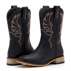 Kids' All Black Western Embroidered Cowboy Boots (Golden Stitch)
