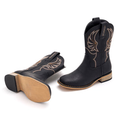 Kids' All Black Western Embroidered Cowboy Boots (Golden Stitch)