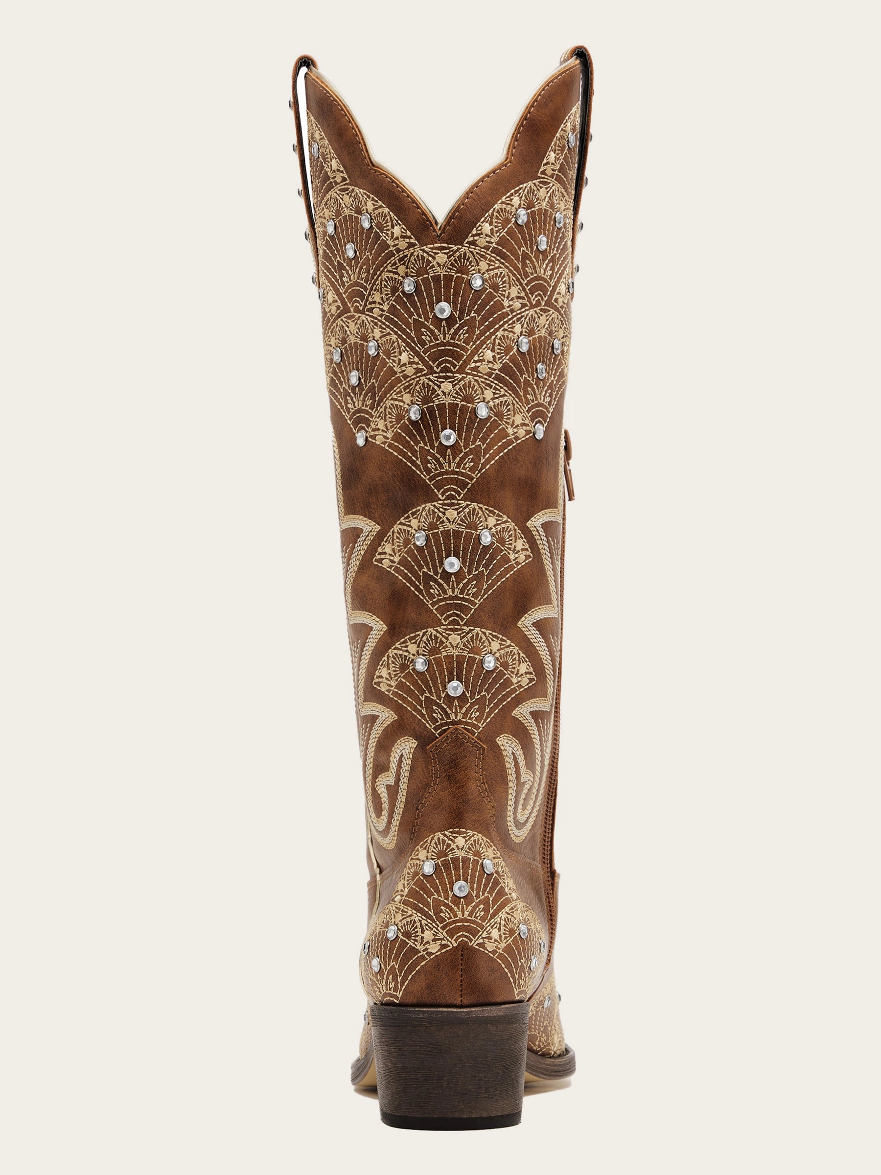 The Radiance Boot: Vintage Brown Boots with Sunburst Embroidery & Rhinestones