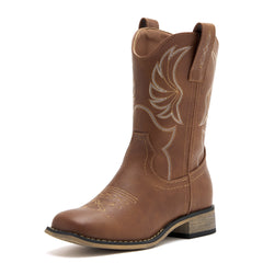 Kids' All Brown Western Embroidered Cowboy Boots (Golden Stitch)