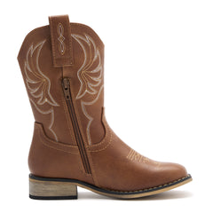 Kids' All Brown Western Embroidered Cowboy Boots (Golden Stitch)