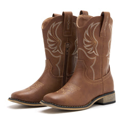 Kids' All Brown Western Embroidered Cowboy Boots (Golden Stitch)