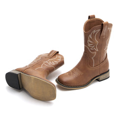 Kids' All Brown Western Embroidered Cowboy Boots (Golden Stitch)