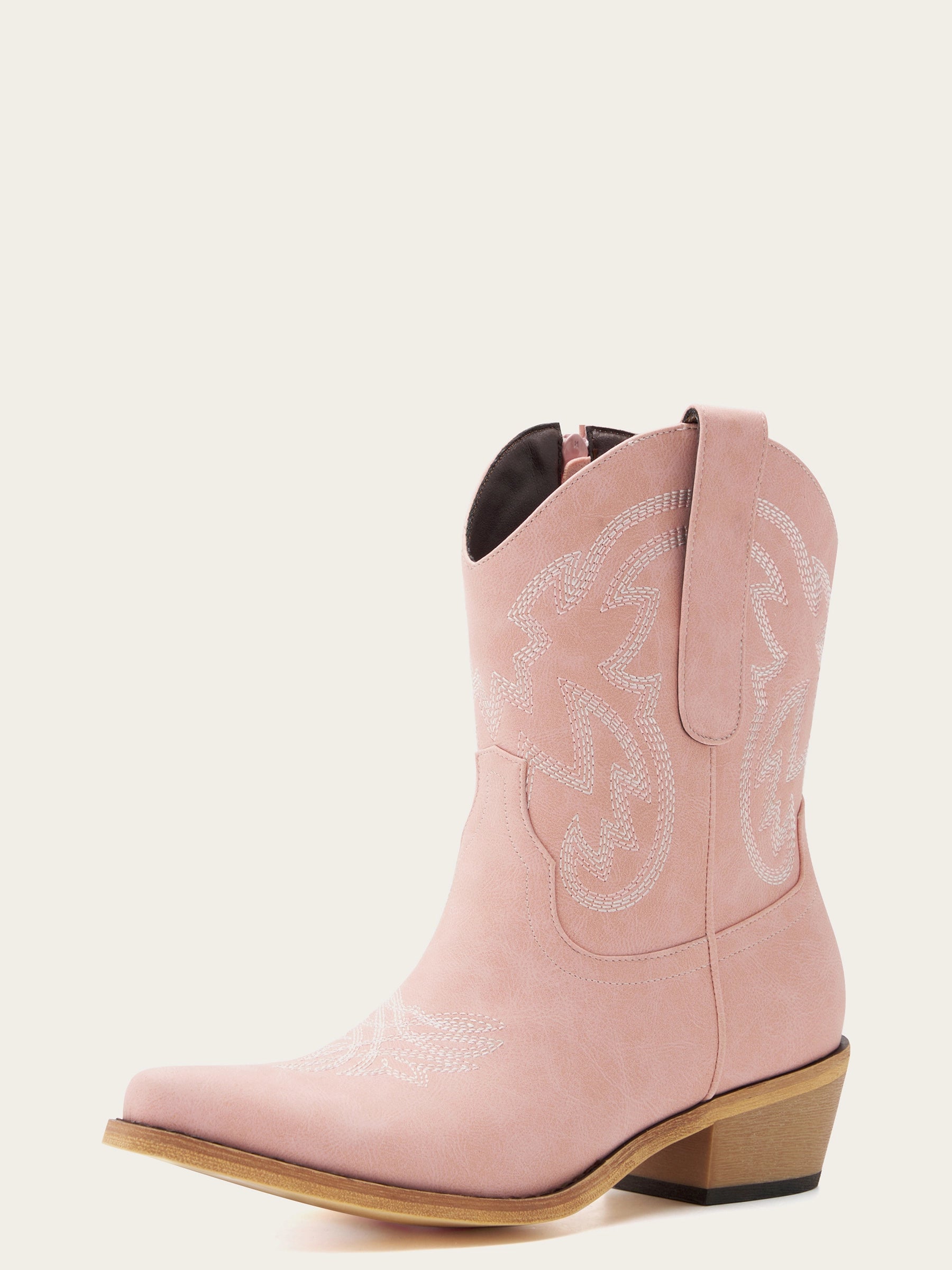 The City Booties: Pink Western Ankle Boots with White Embroidery