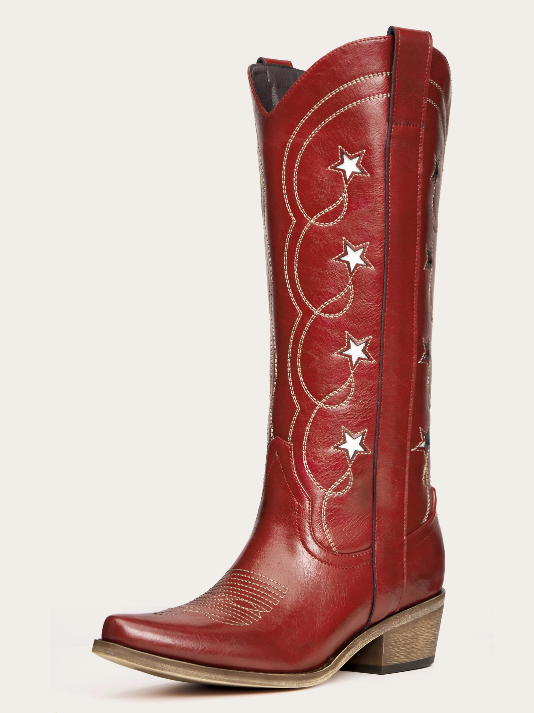 The Stardust: Rich Red Cowboy Boots with White Star Inlays & Embroidery