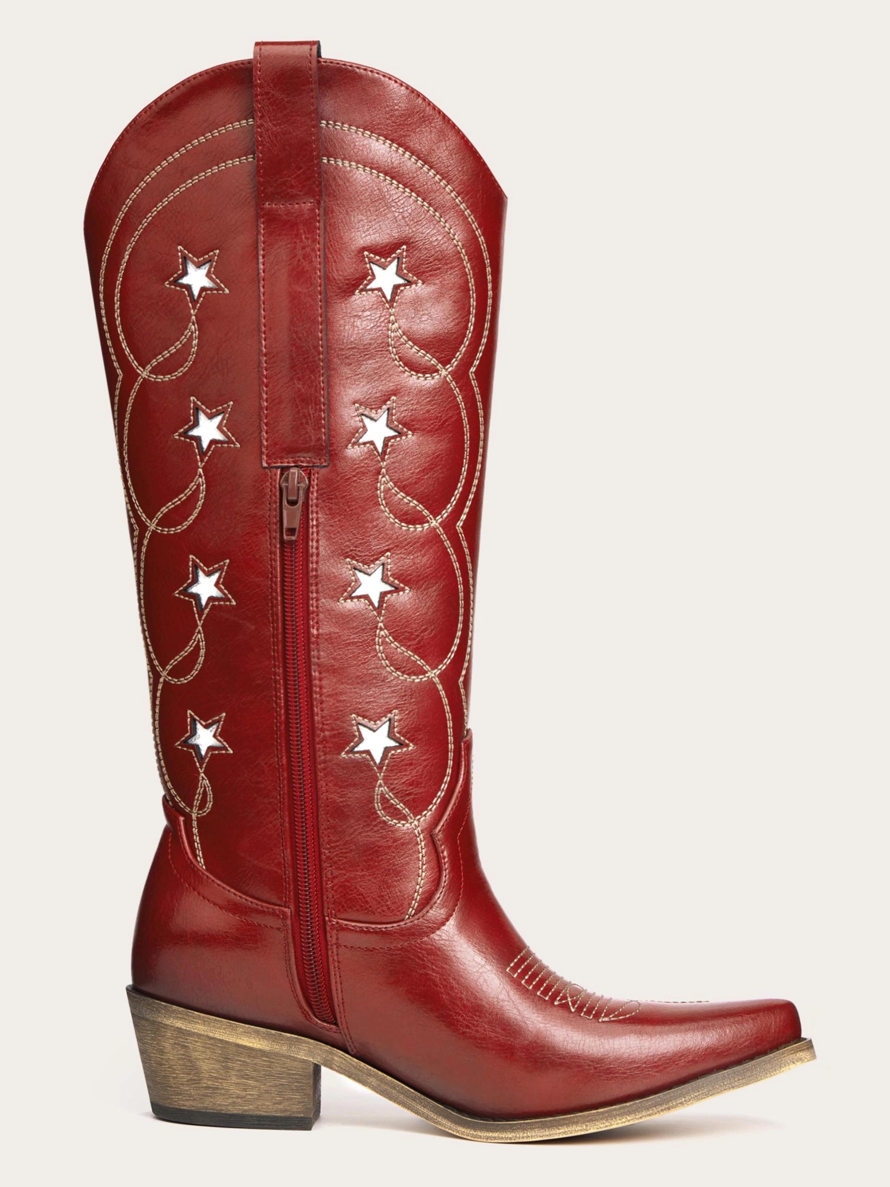 The Stardust: Rich Red Cowboy Boots with White Star Inlays & Embroidery