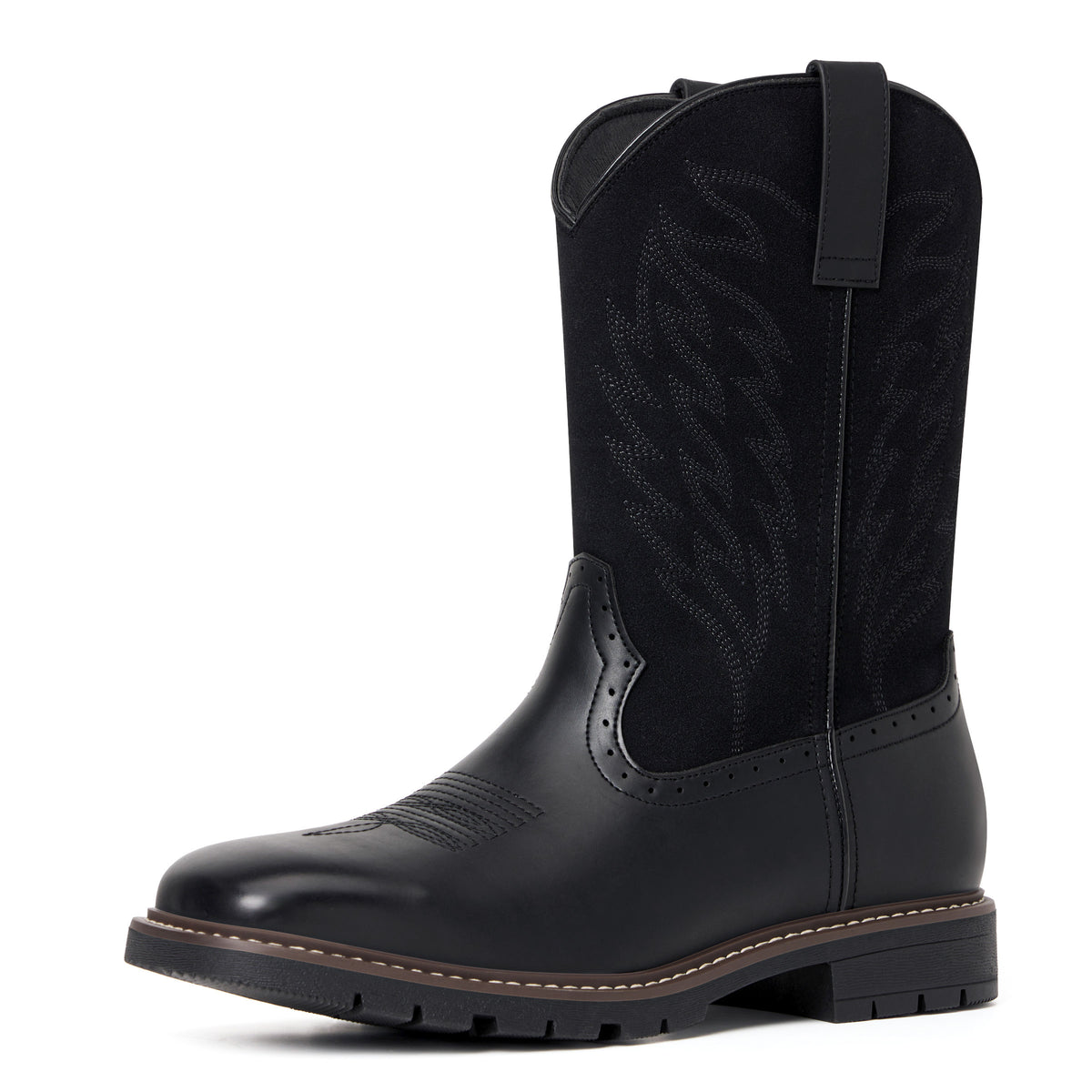 Men's Black Leather & Suede Panel Western Cowboy Boots - Embroidered, Durable Lug Sole