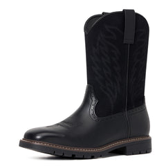 Men's Black Leather & Suede Panel Western Cowboy Boots - Embroidered, Durable Lug Sole