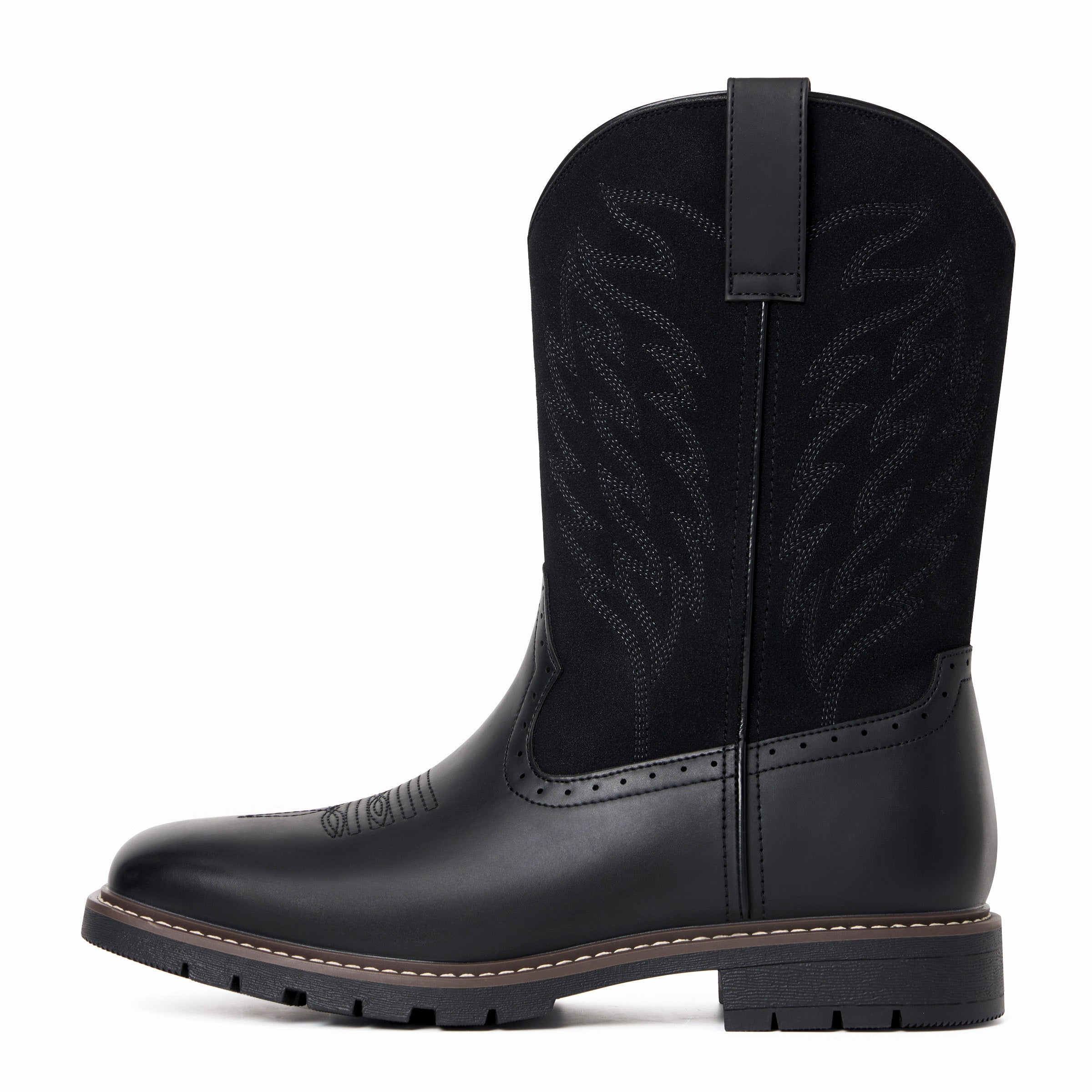 Men's Black Leather & Suede Panel Western Cowboy Boots - Embroidered, Durable Lug Sole