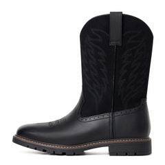 Men's Black Leather & Suede Panel Western Cowboy Boots - Embroidered, Durable Lug Sole