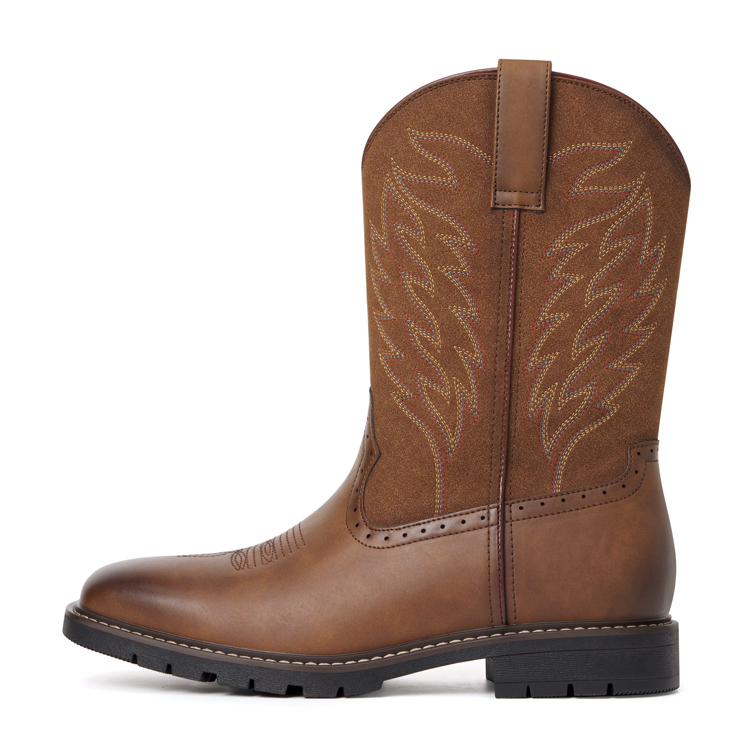 Men's Tan Brown Leather & Suede Panel Western Cowboy Boots - Embroidered, Durable Lug Sole