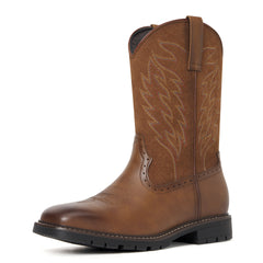 Men's Tan Brown Leather & Suede Panel Western Cowboy Boots - Embroidered, Durable Lug Sole