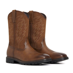 Men's Tan Brown Leather & Suede Panel Western Cowboy Boots - Embroidered, Durable Lug Sole
