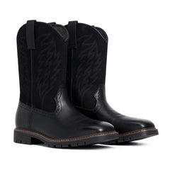 Men's Black Leather & Suede Panel Western Cowboy Boots - Embroidered, Durable Lug Sole