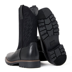 Men's Black Leather & Suede Panel Western Cowboy Boots - Embroidered, Durable Lug Sole