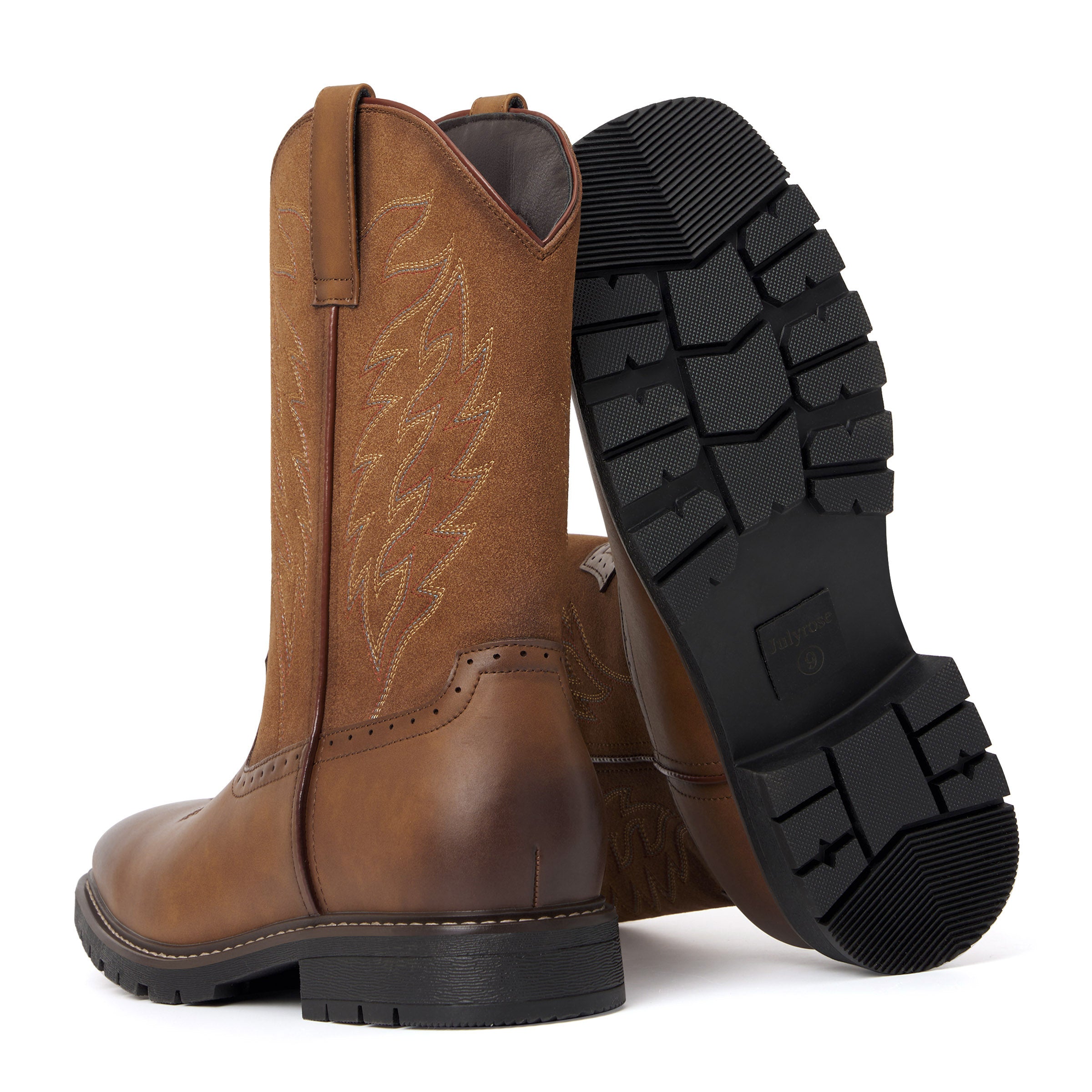 Men's Tan Brown Leather & Suede Panel Western Cowboy Boots - Embroidered, Durable Lug Sole