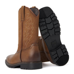 Men's Tan Brown Leather & Suede Panel Western Cowboy Boots - Embroidered, Durable Lug Sole