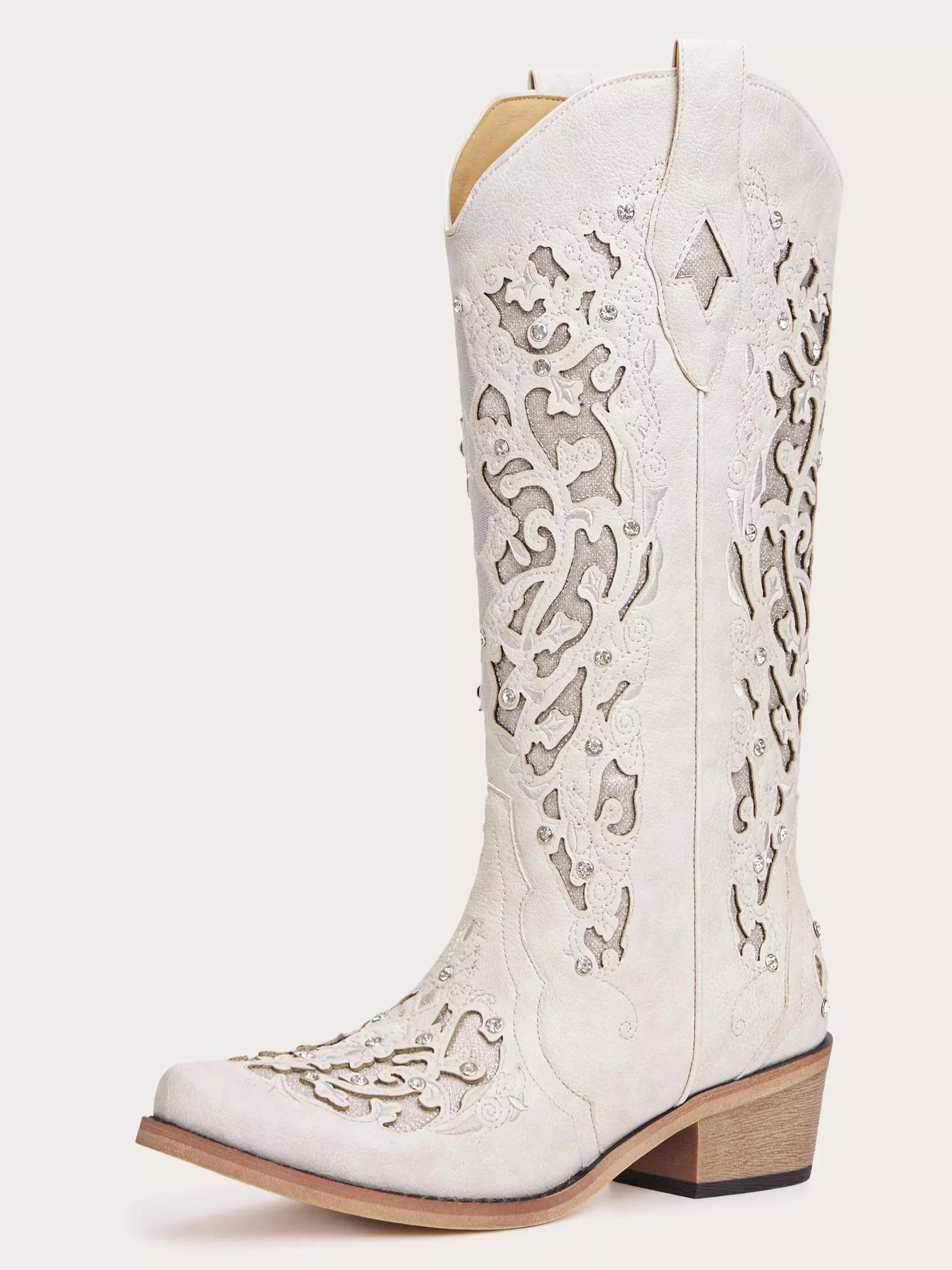 The Diamond Sky Boot: White Wedding Western Boots with Cut-Out Lace Detail & Rhinestones