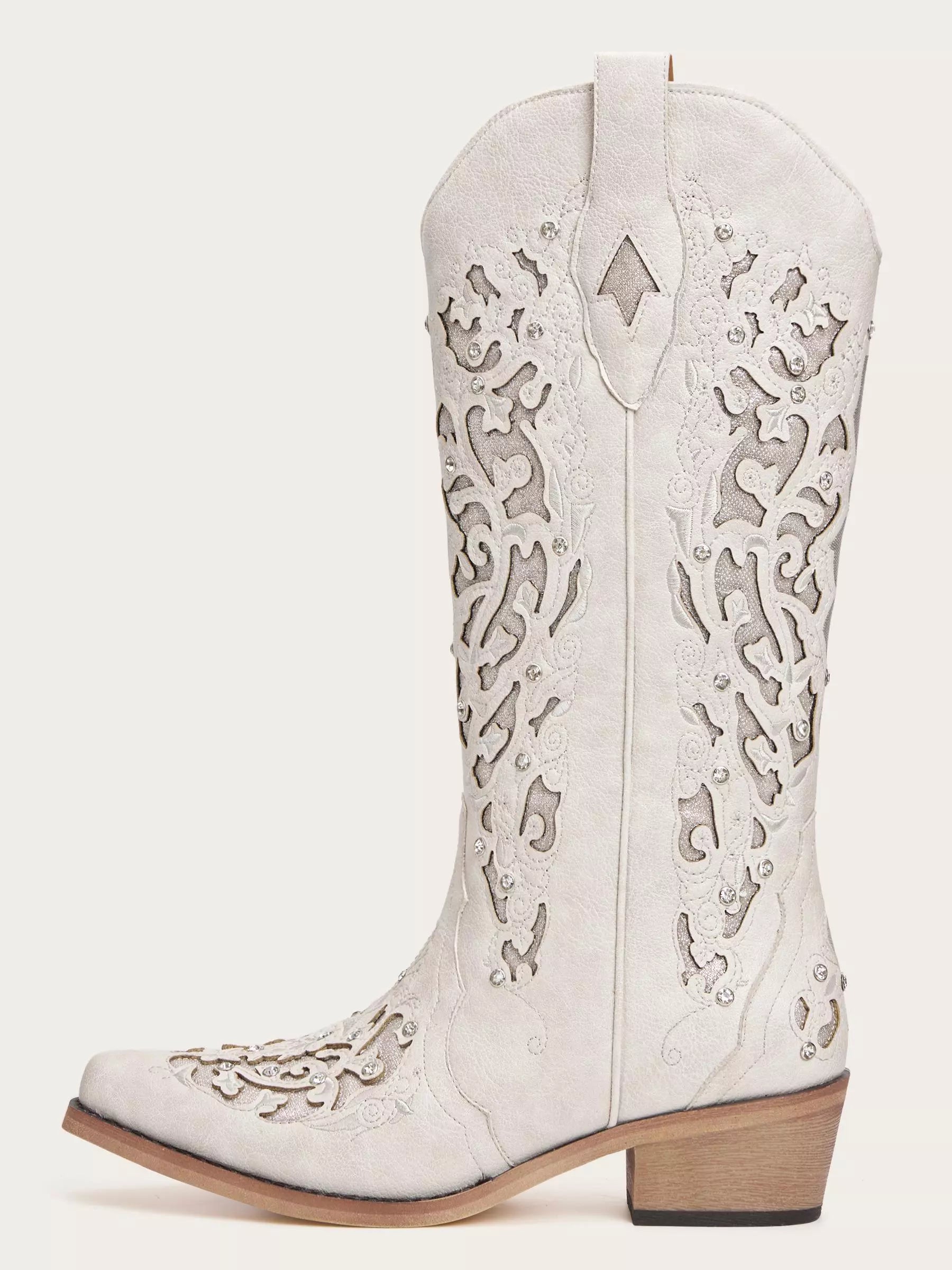 The Diamond Sky Boot: White Wedding Western Boots with Cut-Out Lace Detail & Rhinestones
