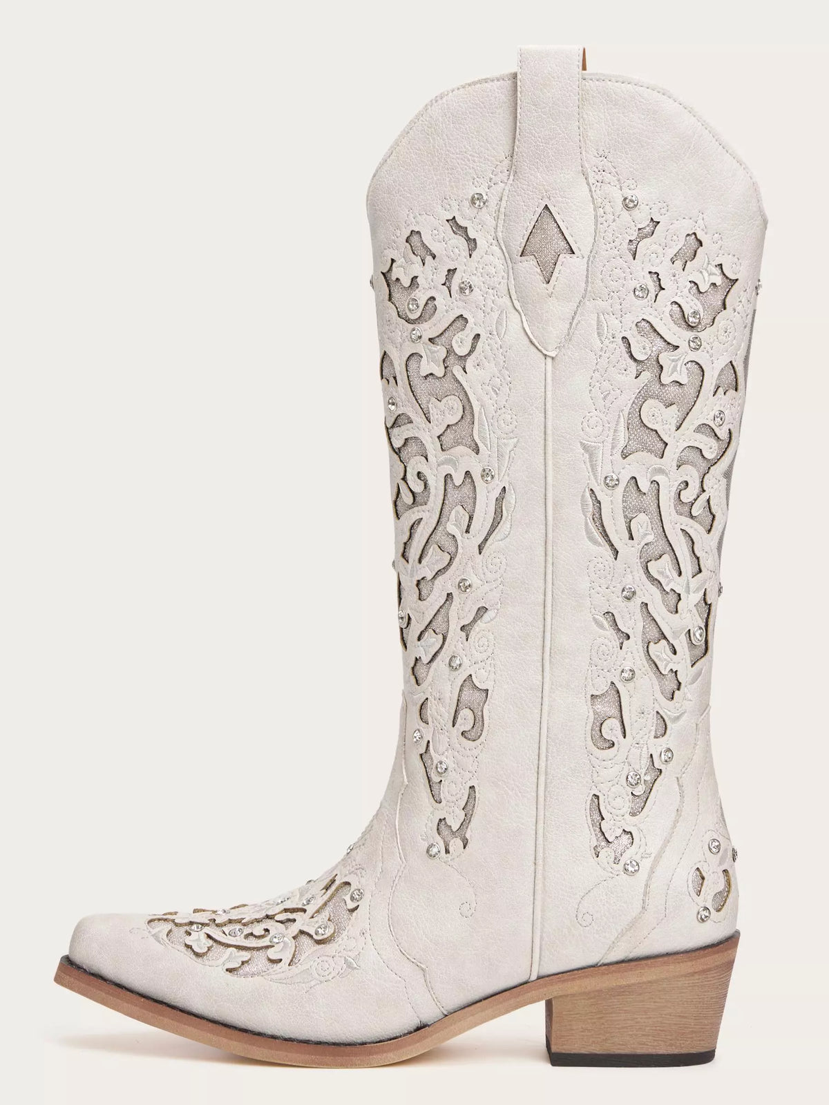 The Diamond Sky Boot: White Wedding Western Boots with Cut-Out Lace Detail & Rhinestones