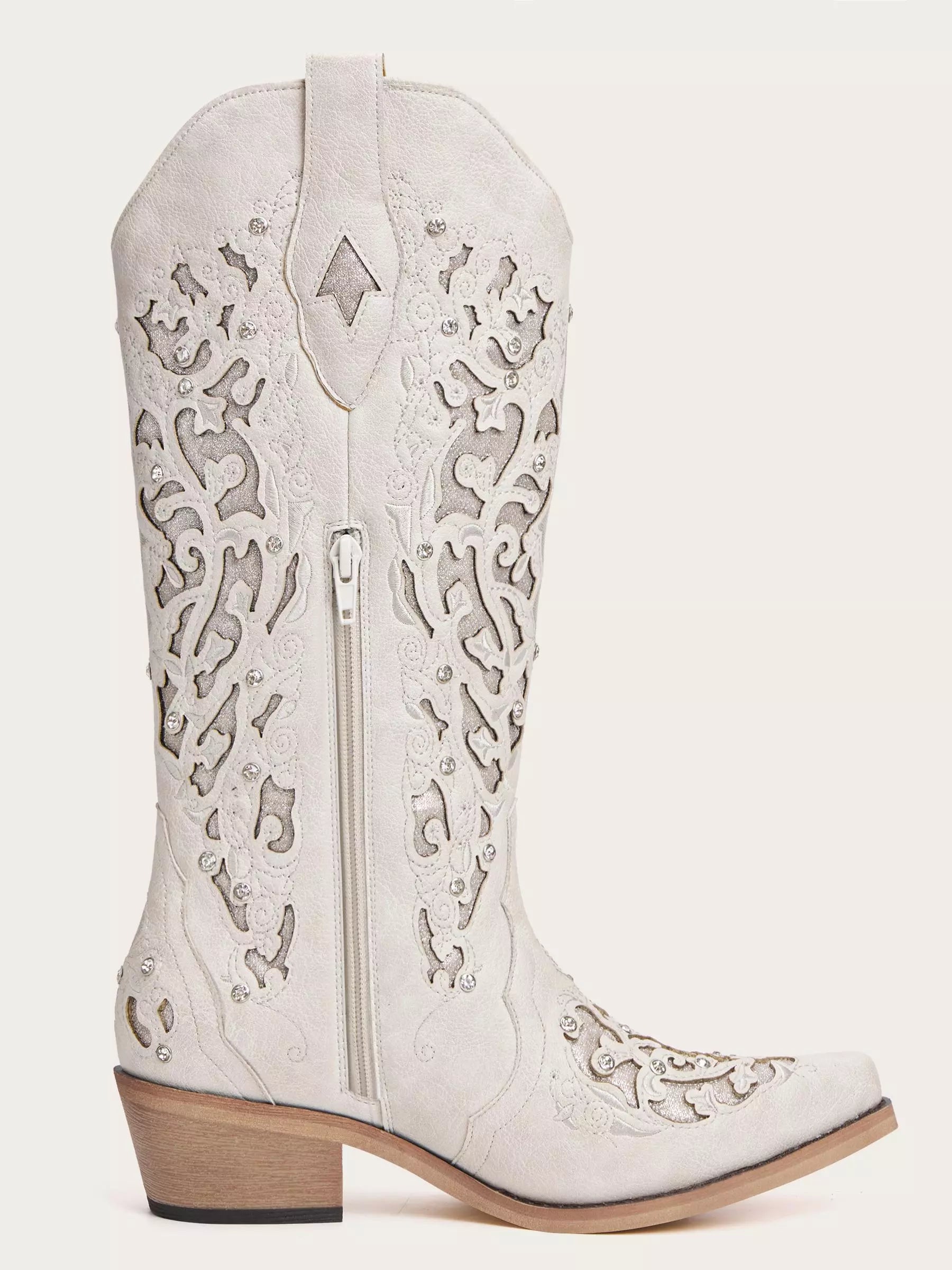 The Diamond Sky Boot: White Wedding Western Boots with Cut-Out Lace Detail & Rhinestones