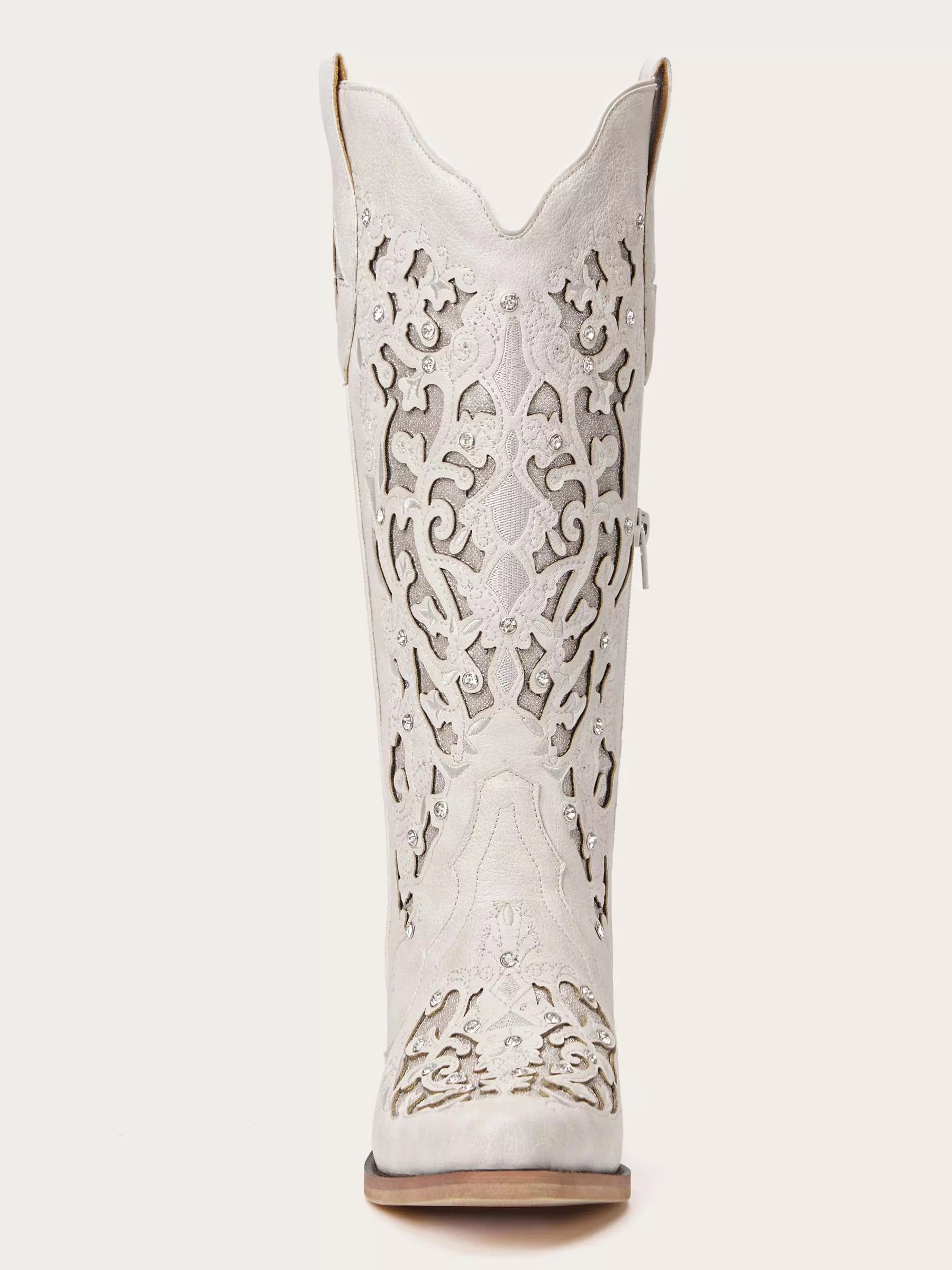 The Diamond Sky Boot: White Wedding Western Boots with Cut-Out Lace Detail & Rhinestones