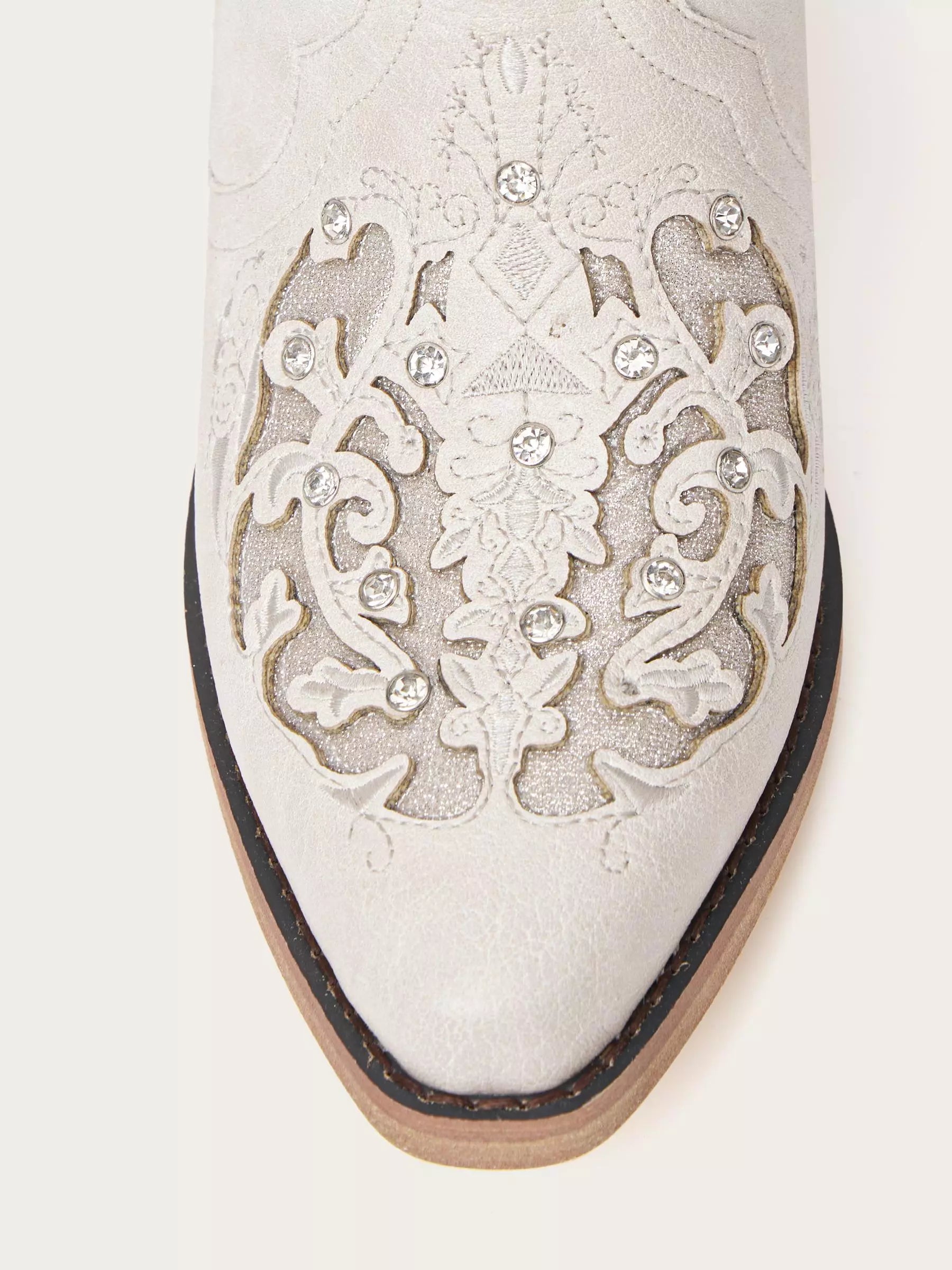 The Diamond Sky Boot: White Wedding Western Boots with Cut-Out Lace Detail & Rhinestones