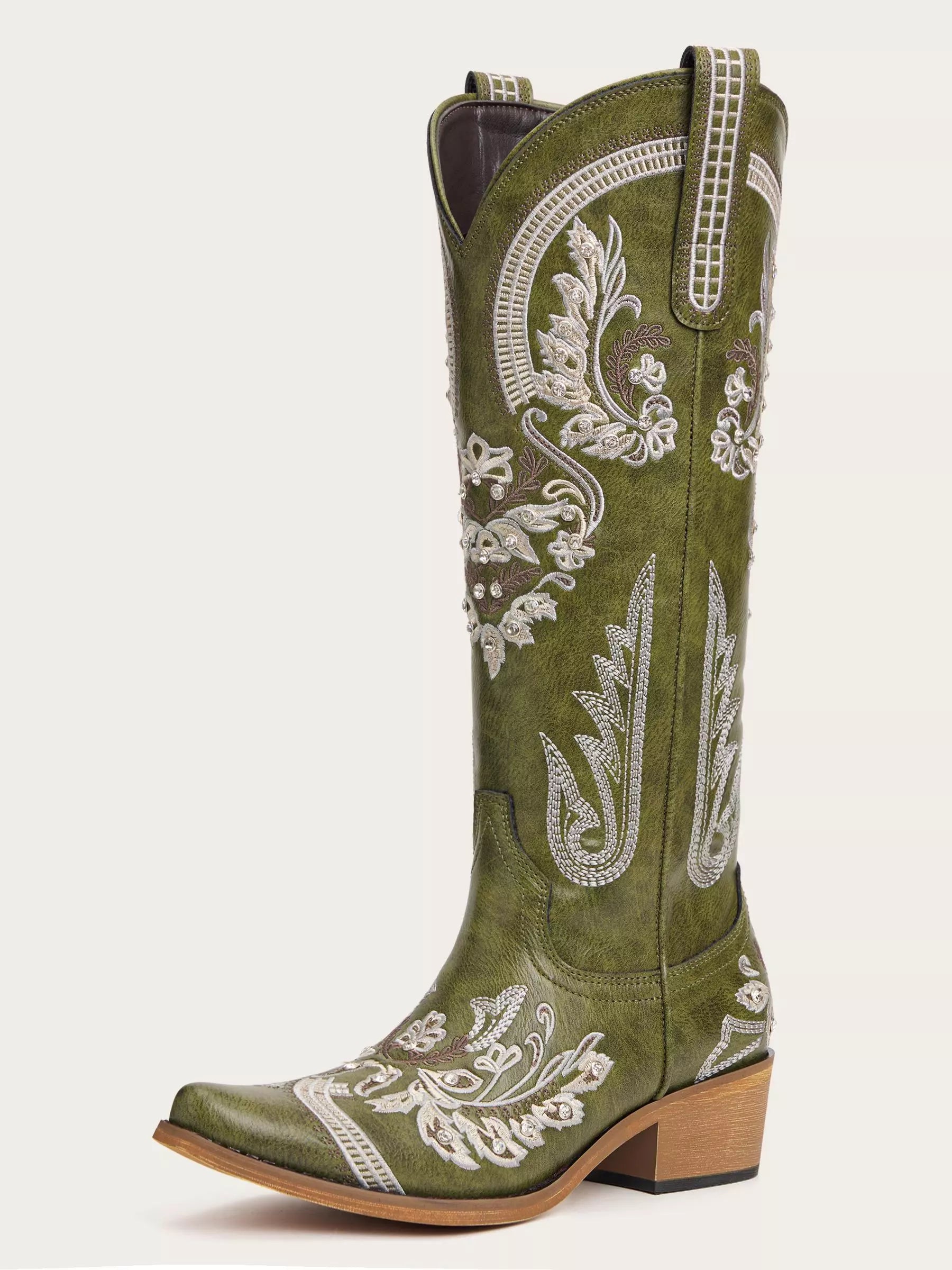 The Starlight Rider: Olive Green & Beige Embroidered Western Boots