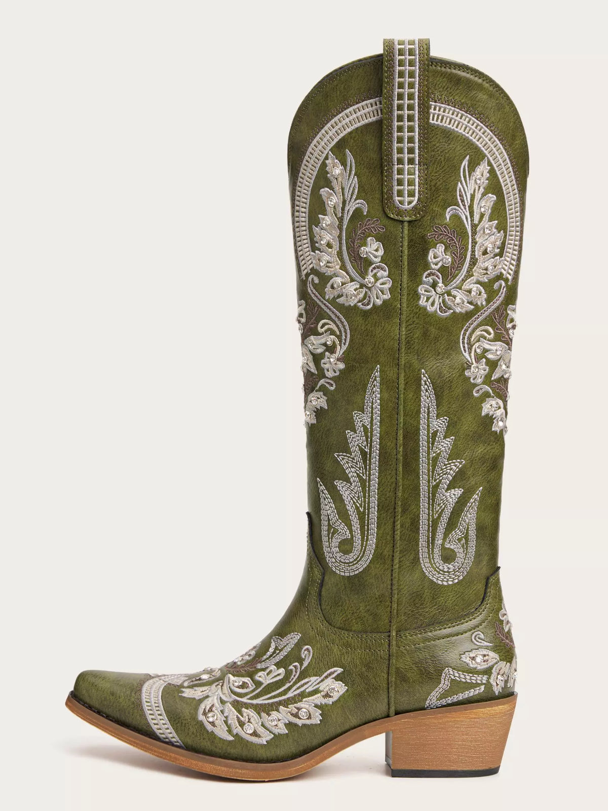 The Starlight Rider: Olive Green & Beige Embroidered Western Boots