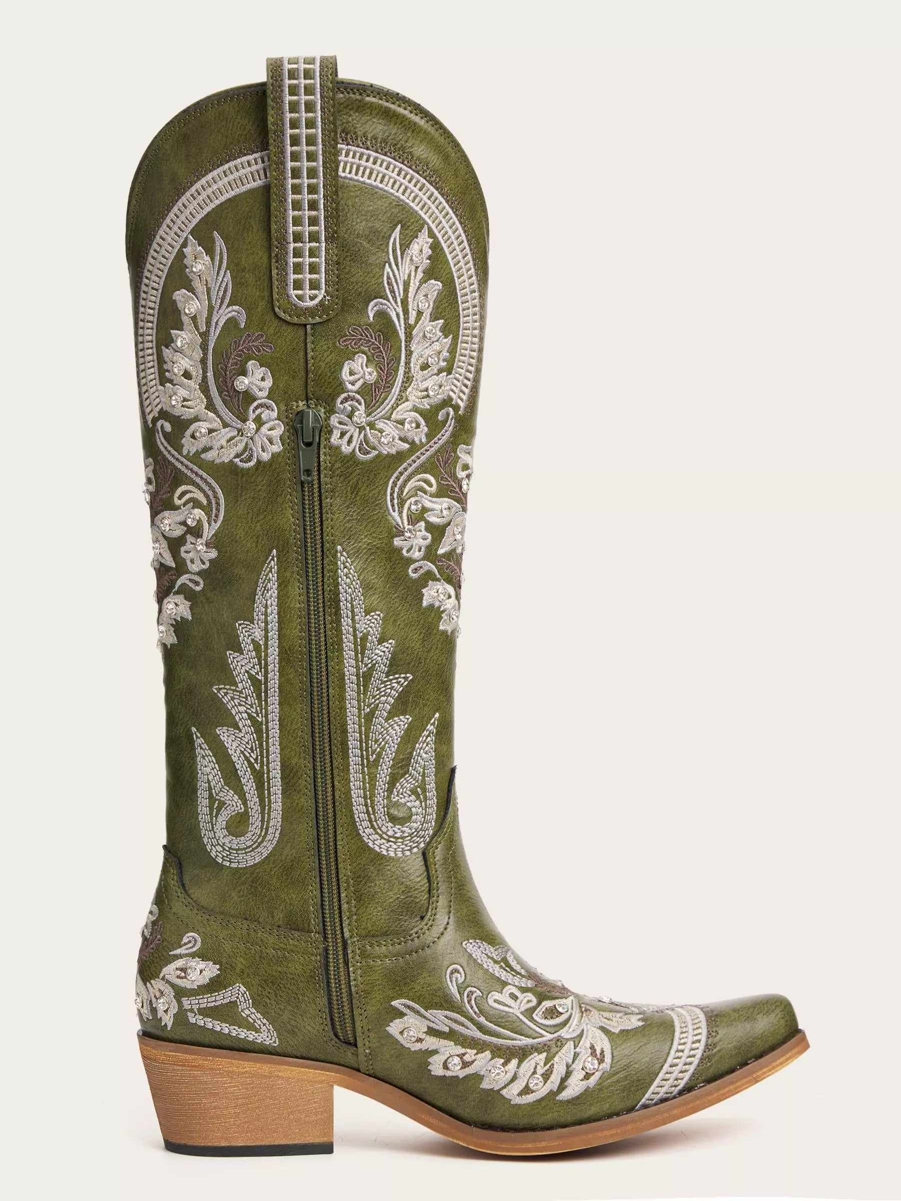The Starlight Rider: Olive Green & Beige Embroidered Western Boots