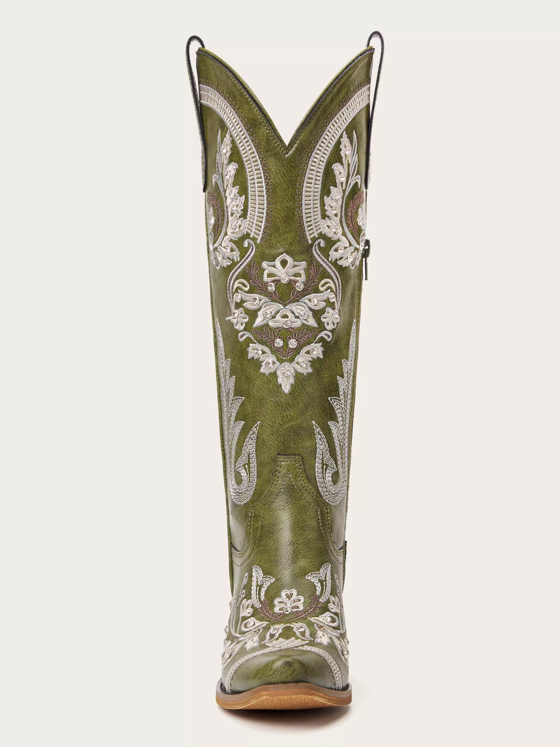 The Starlight Rider: Olive Green & Beige Embroidered Western Boots
