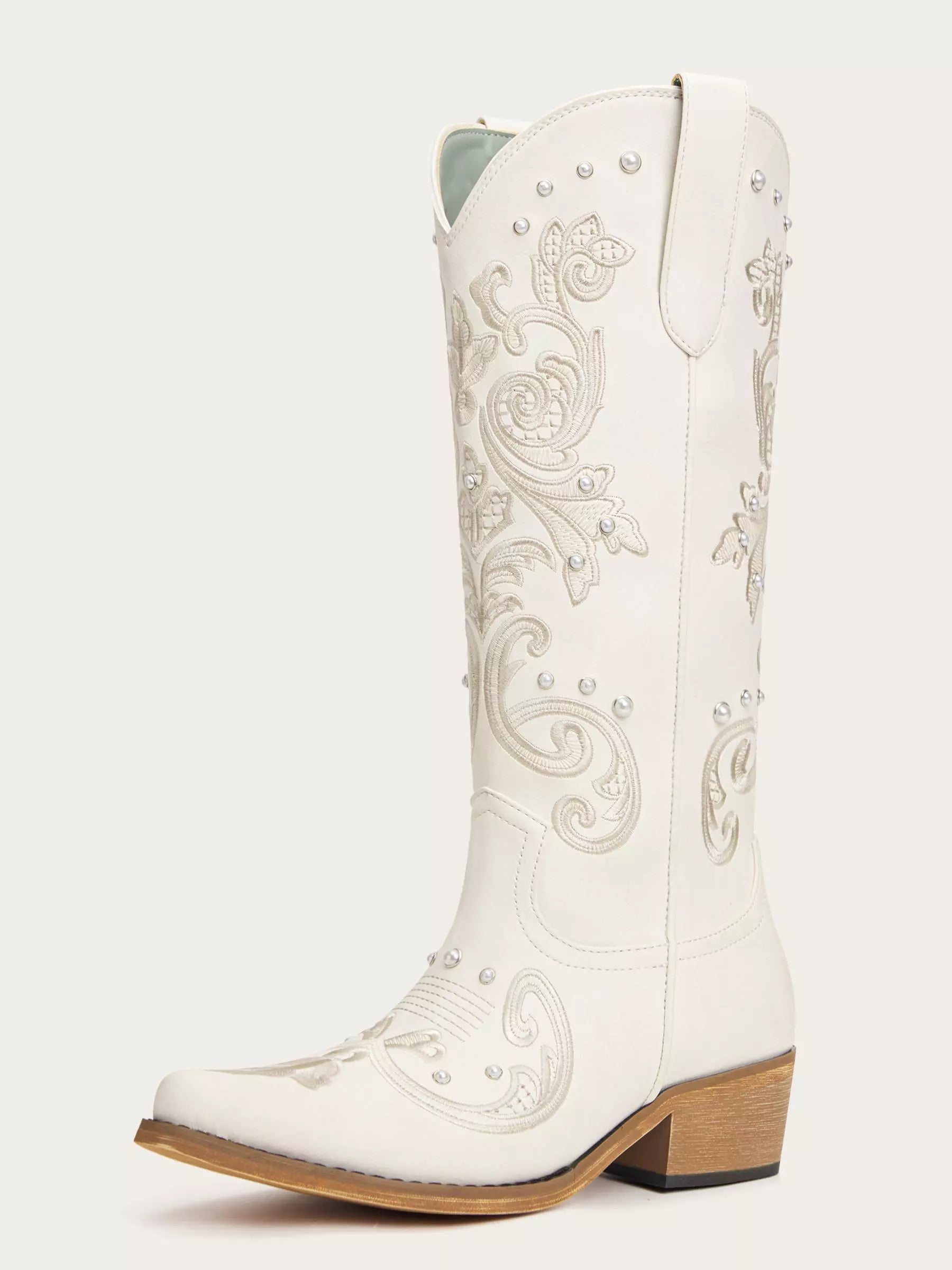 The Pearl Dream: Bridal White Western Boots with Pearl Studs & Embroidery