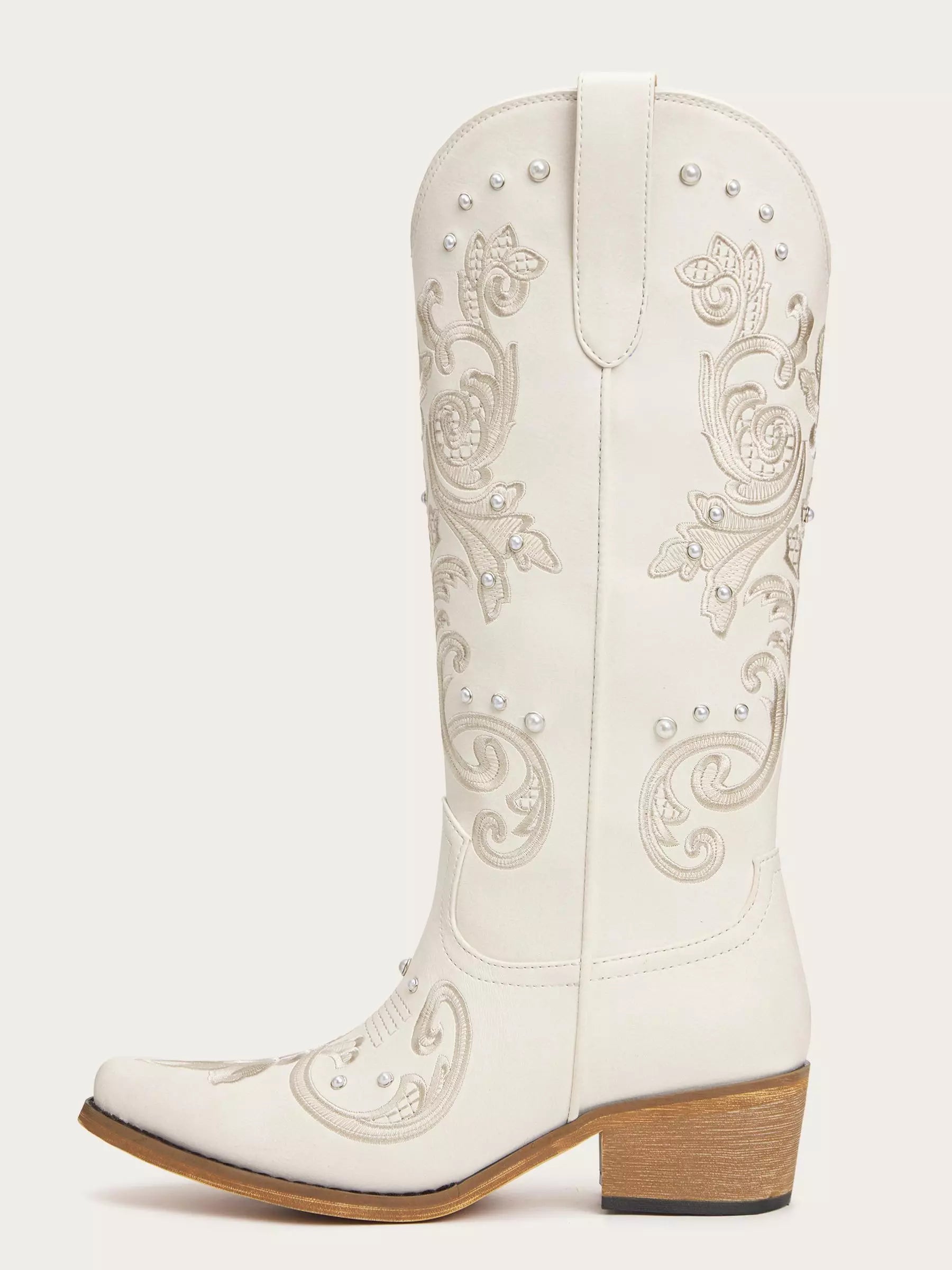The Pearl Dream: Bridal White Western Boots with Pearl Studs & Embroidery