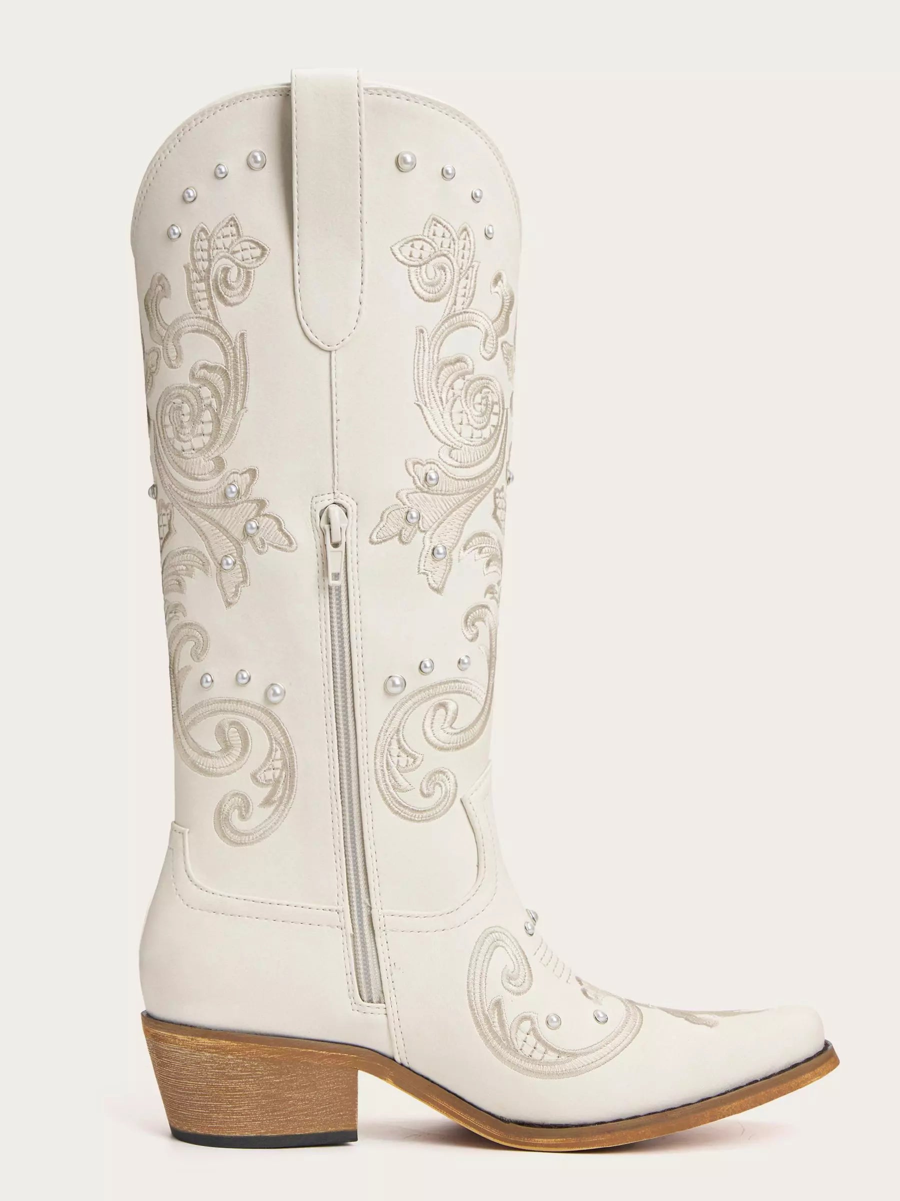 The Pearl Dream: Bridal White Western Boots with Pearl Studs & Embroidery