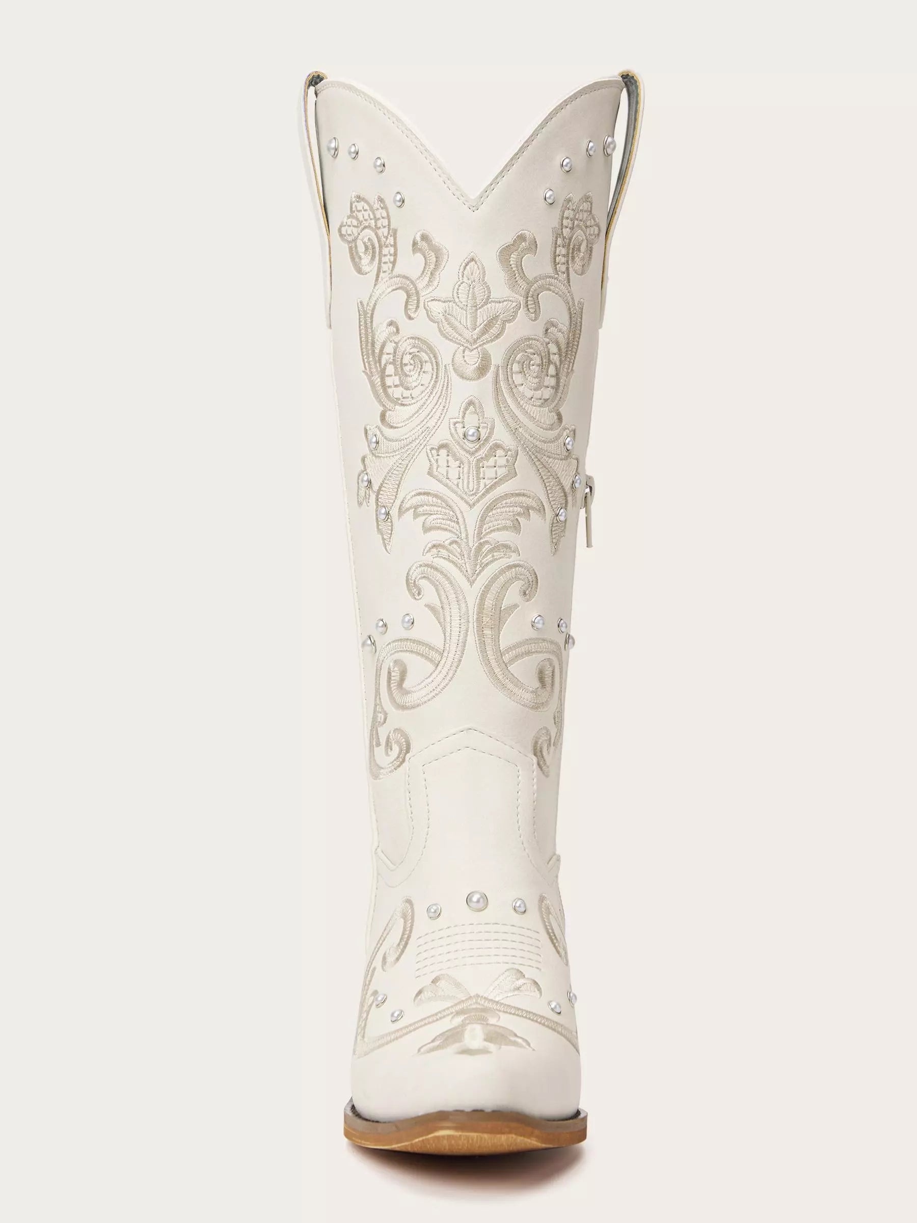 The Pearl Dream: Bridal White Western Boots with Pearl Studs & Embroidery
