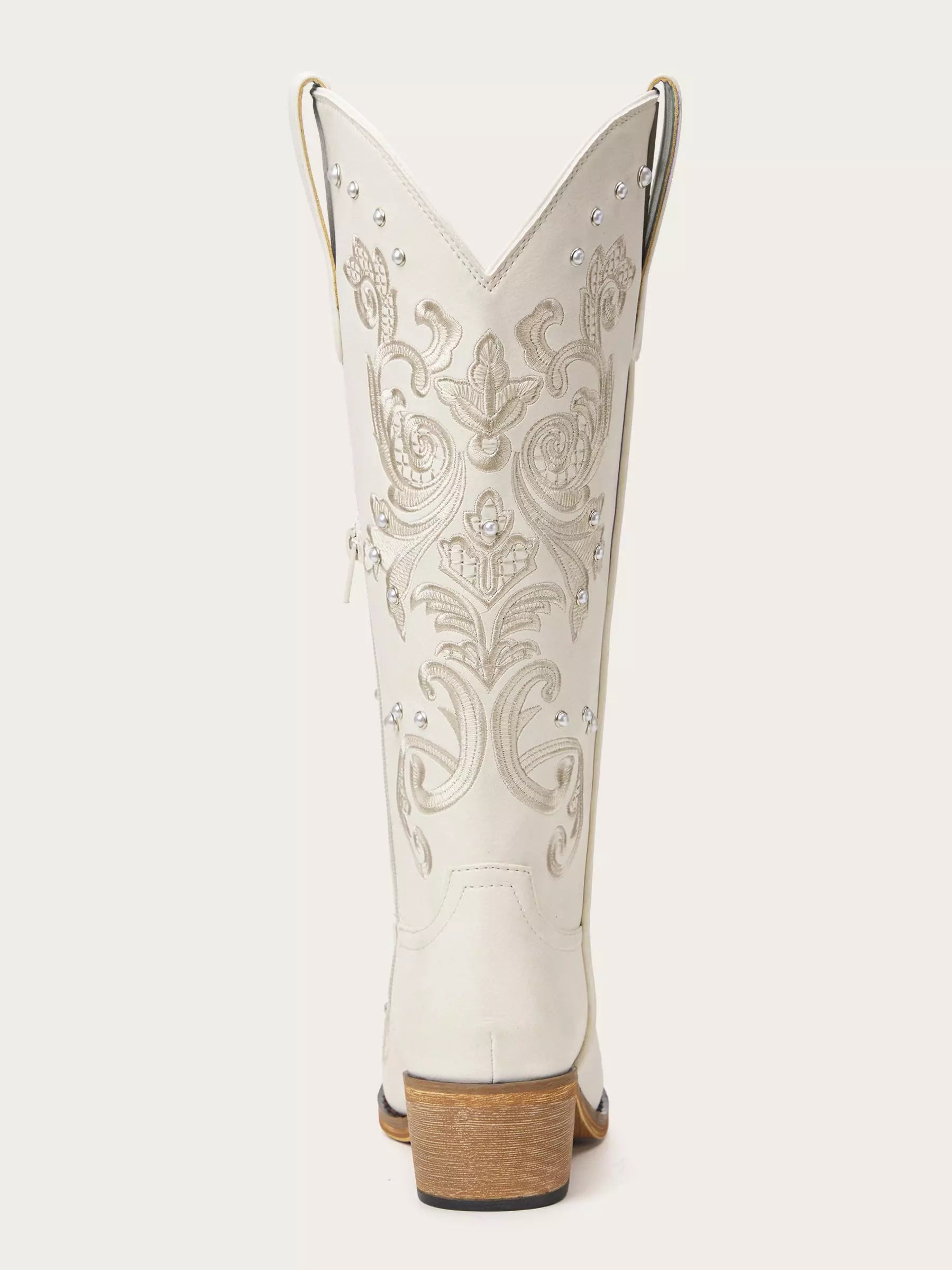 The Pearl Dream: Bridal White Western Boots with Pearl Studs & Embroidery