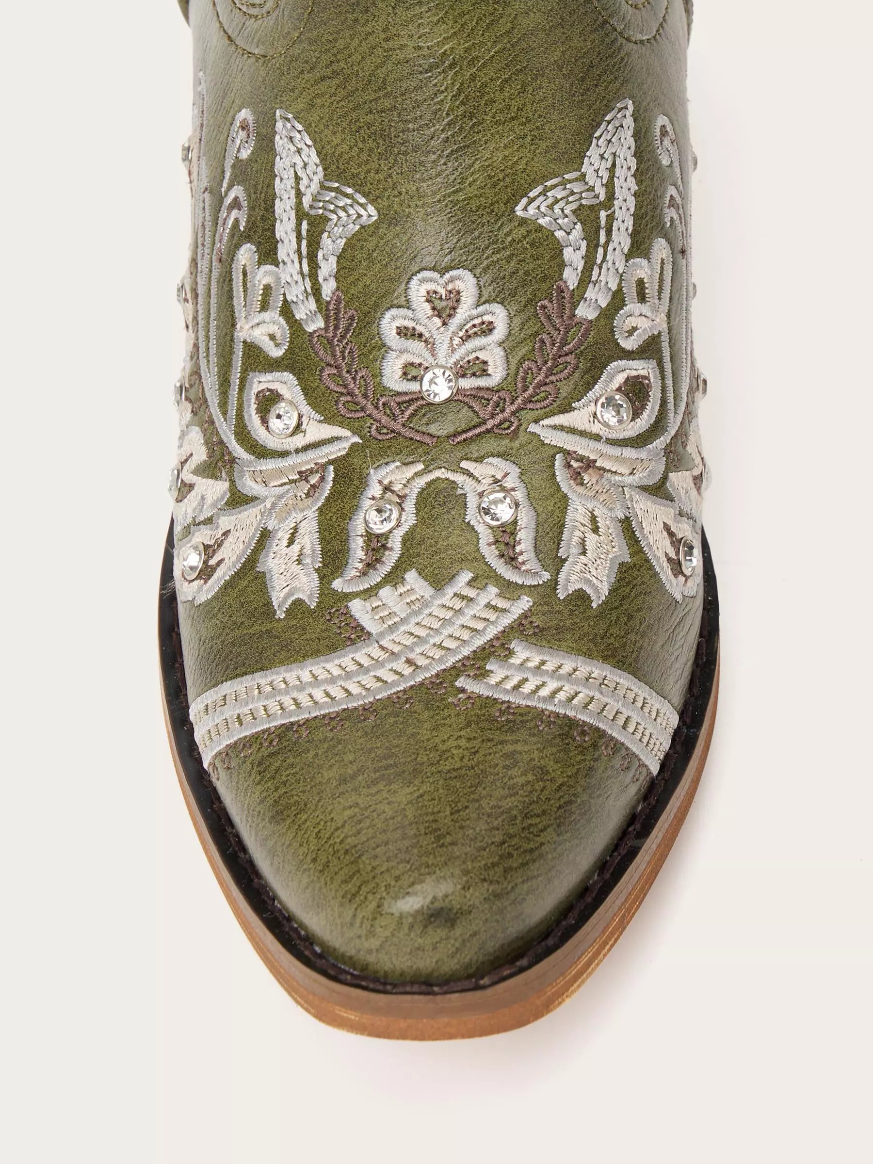 The Starlight Rider: Olive Green & Beige Embroidered Western Boots