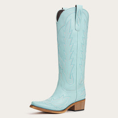 Light Sky Blue Western Embroidered Cowboy Boots - Mid-Heel Retro Riding Boots