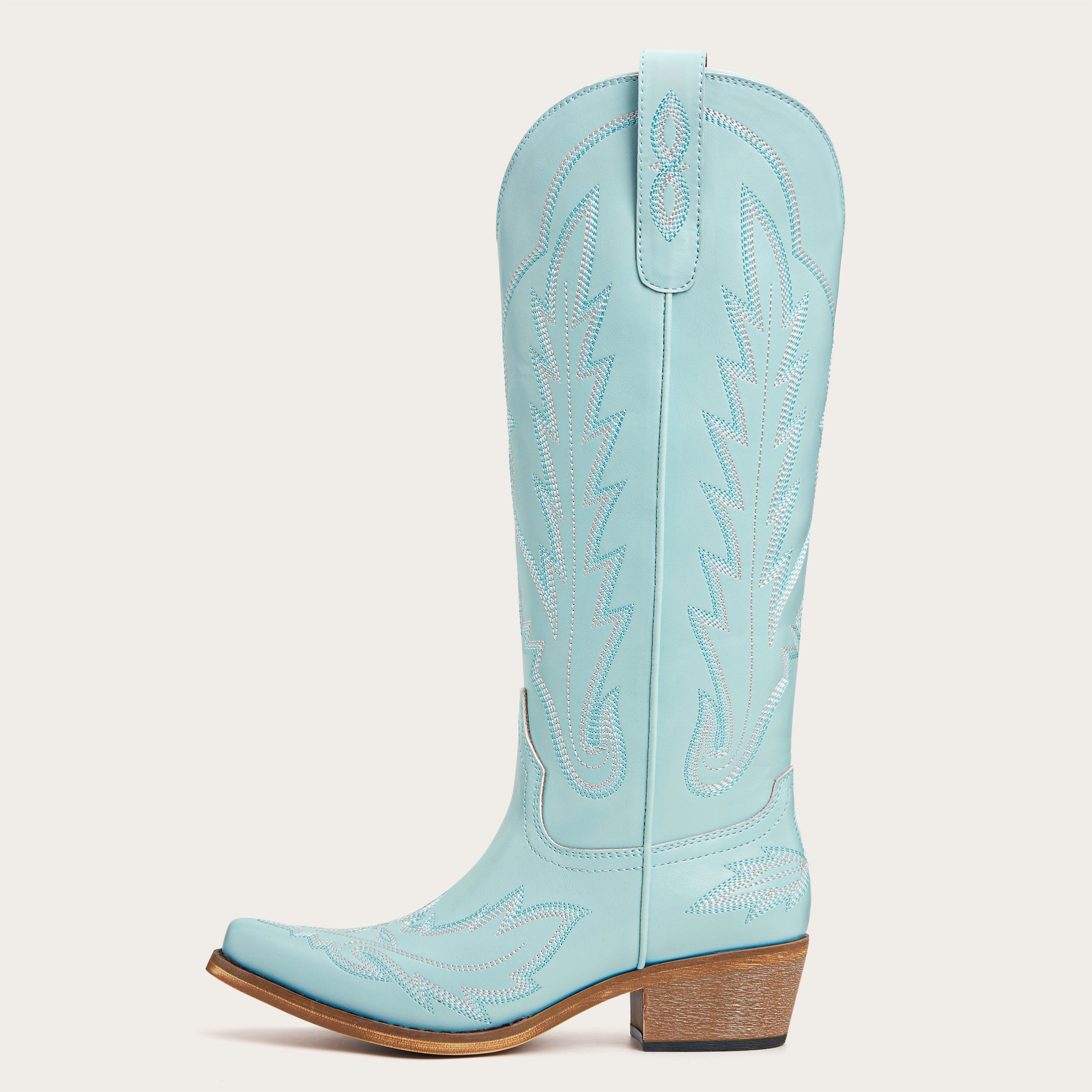 Light Sky Blue Western Embroidered Cowboy Boots - Mid-Heel Retro Riding Boots