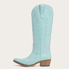 Light Sky Blue Western Embroidered Cowboy Boots - Mid-Heel Retro Riding Boots