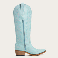 Light Sky Blue Western Embroidered Cowboy Boots - Mid-Heel Retro Riding Boots