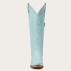 Light Sky Blue Western Embroidered Cowboy Boots - Mid-Heel Retro Riding Boots