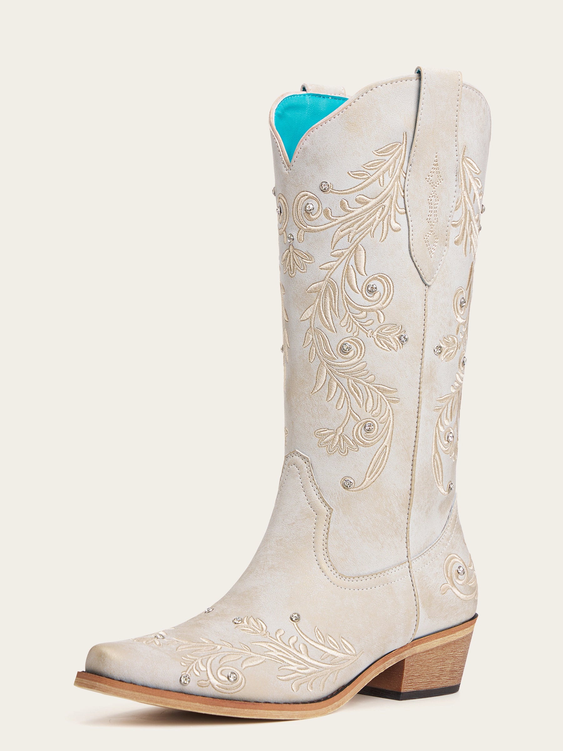 The Ever After: White Boots with Floral Embroidery & Rhinestones