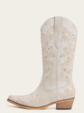 The Ever After: White Boots with Floral Embroidery & Rhinestones