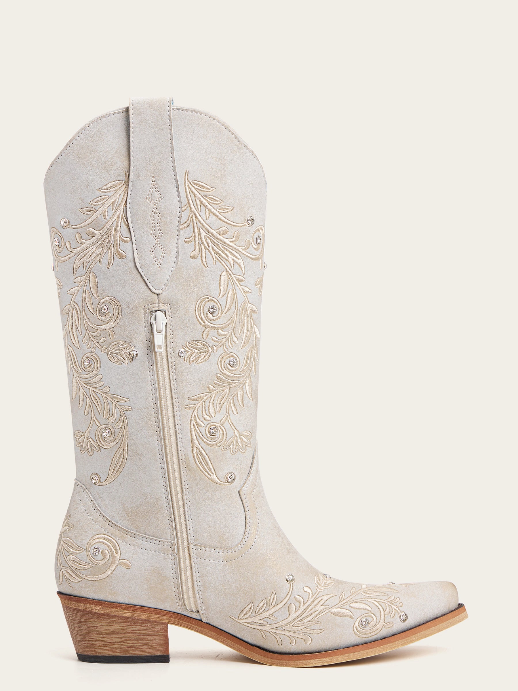The Ever After: White Boots with Floral Embroidery & Rhinestones