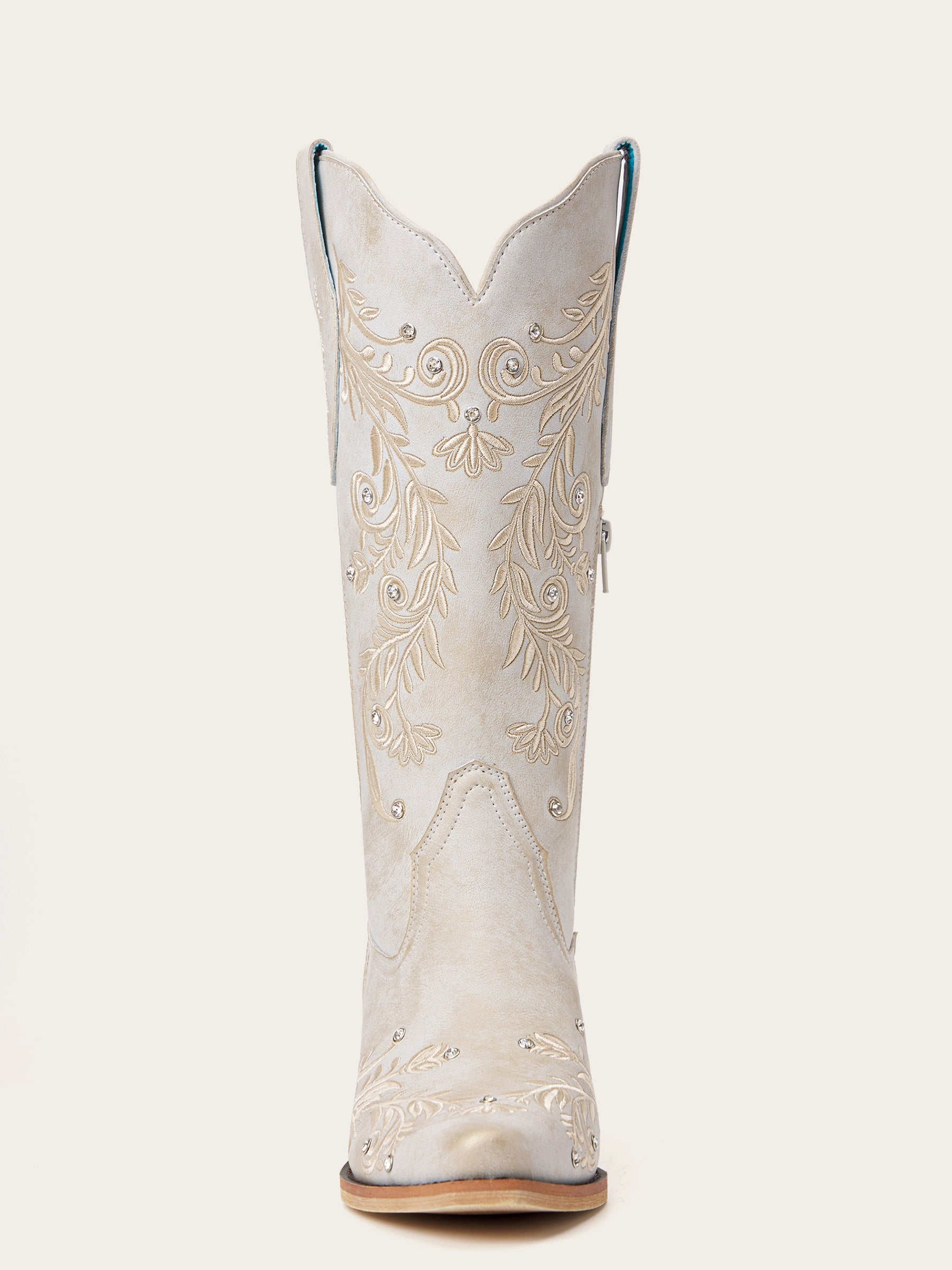 The Ever After: White Boots with Floral Embroidery & Rhinestones