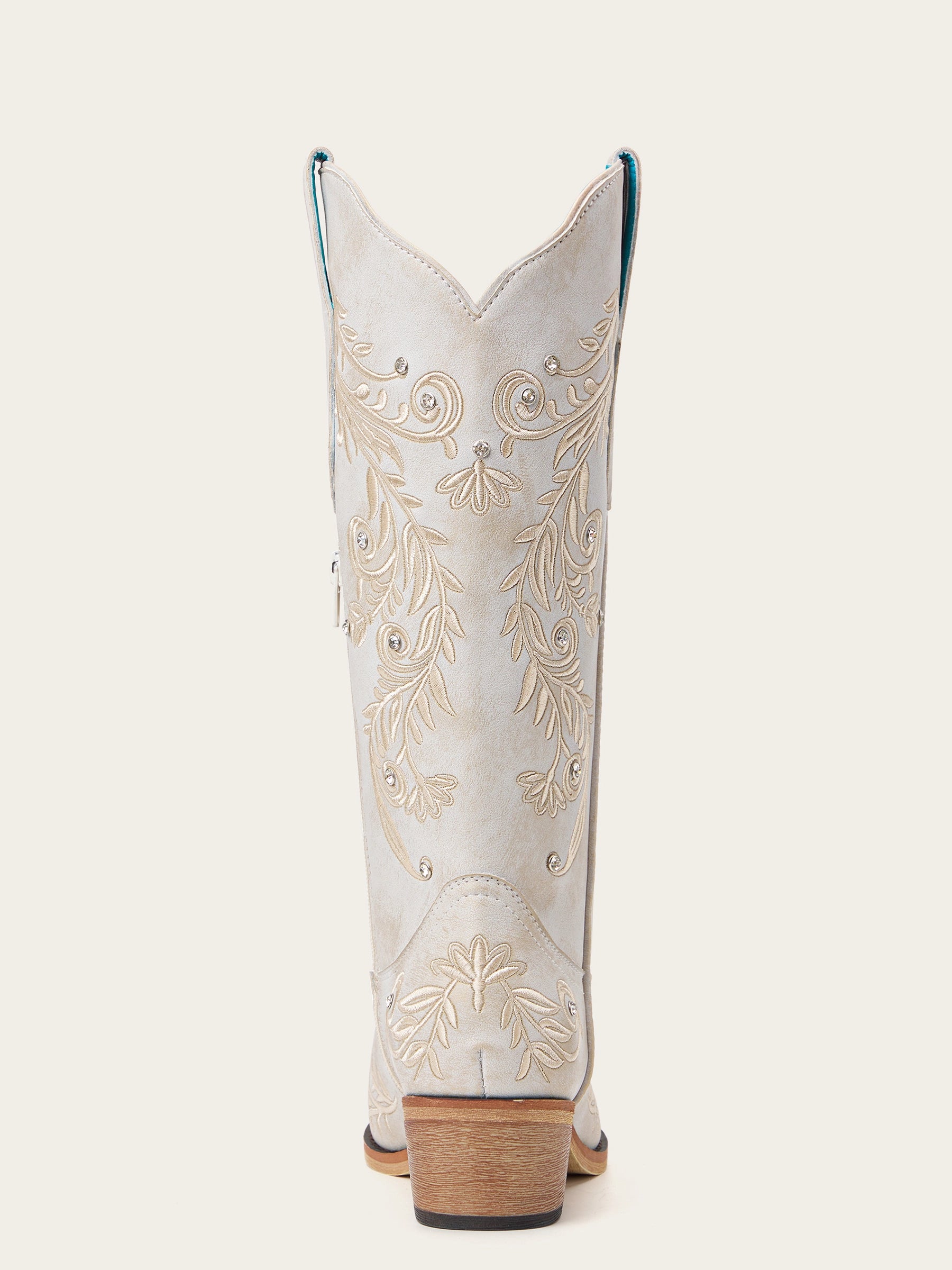The Ever After: White Boots with Floral Embroidery & Rhinestones