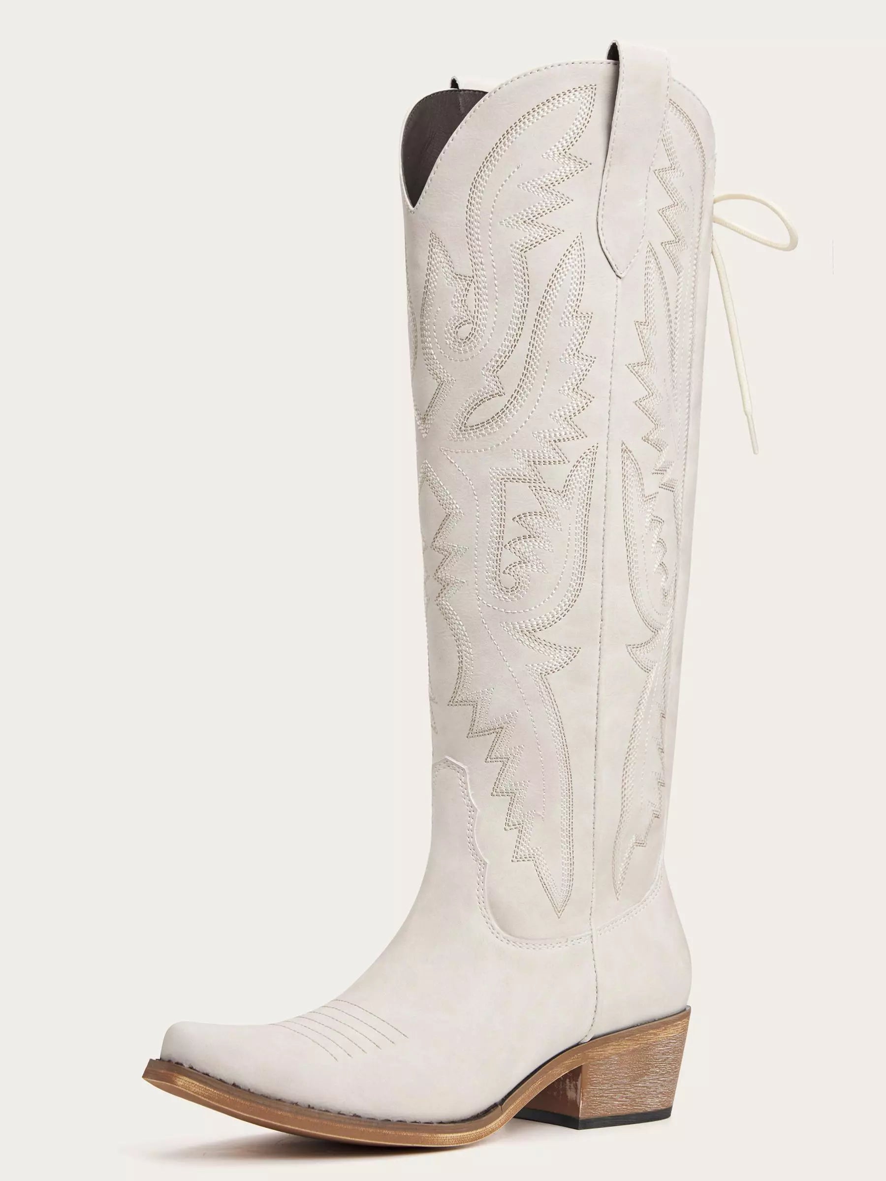 The Savannah: Knee-High Western Boots in Bone White with Lace-Up Detail