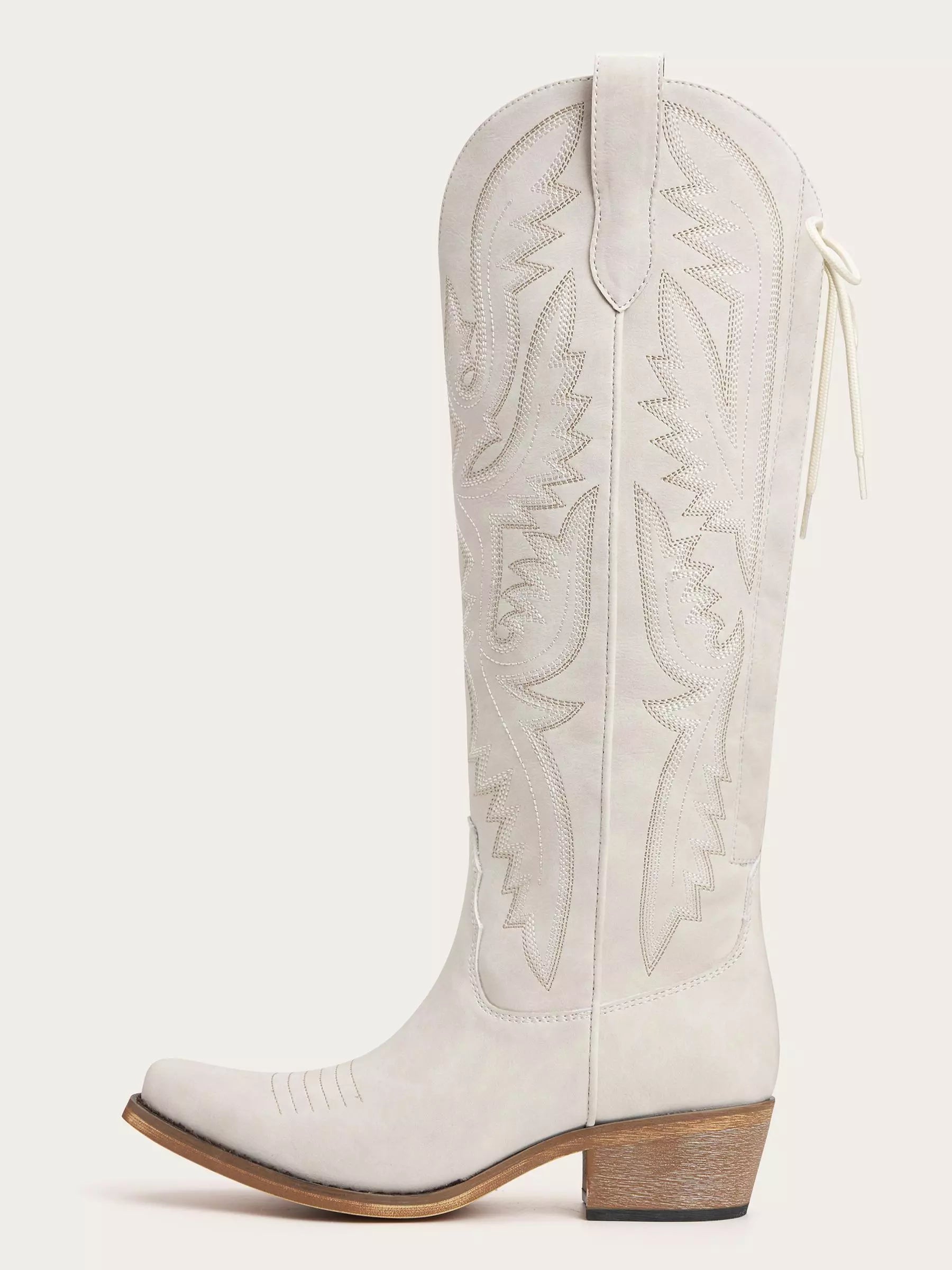 The Savannah: Knee-High Western Boots in Bone White with Lace-Up Detail